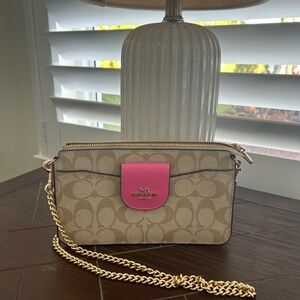 Coach Poppy Signature Tan Pink Chain Crossbody